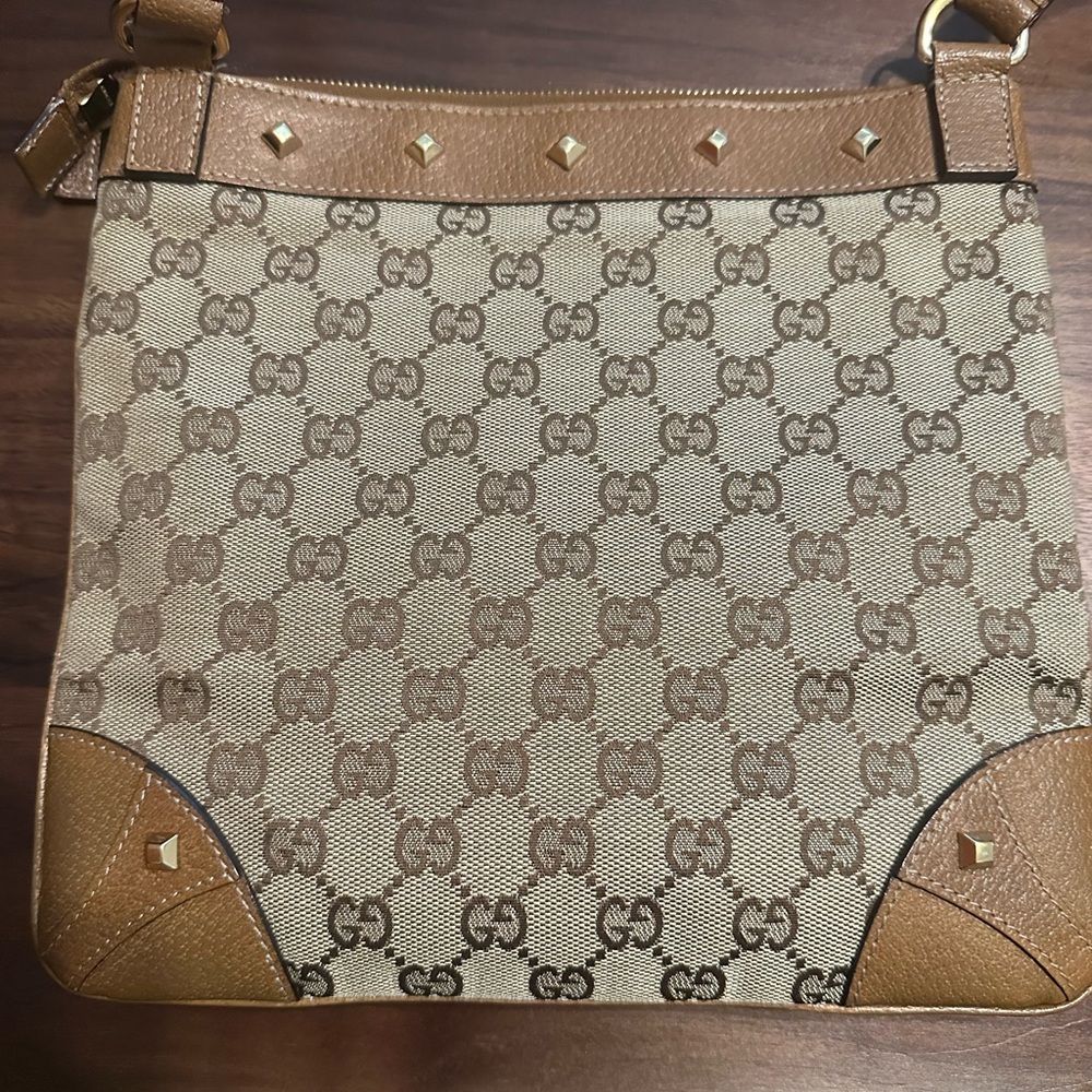 Gucci Beige Canvas GG Crossbody with Brown Trim and Gold Studs